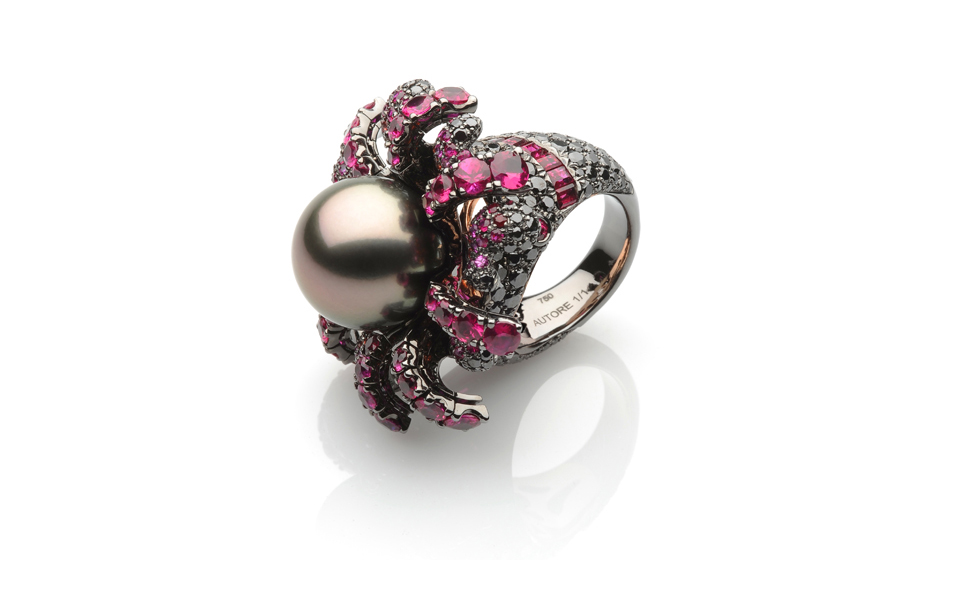 Autore-Fire-Ice-Cooling-Volcano-ring-in-white-gold-with-black-rhodium-and-rose-gold-Tahitian-South-Sea-pearls-rubies-orange-sapphires-and-black-diamonds