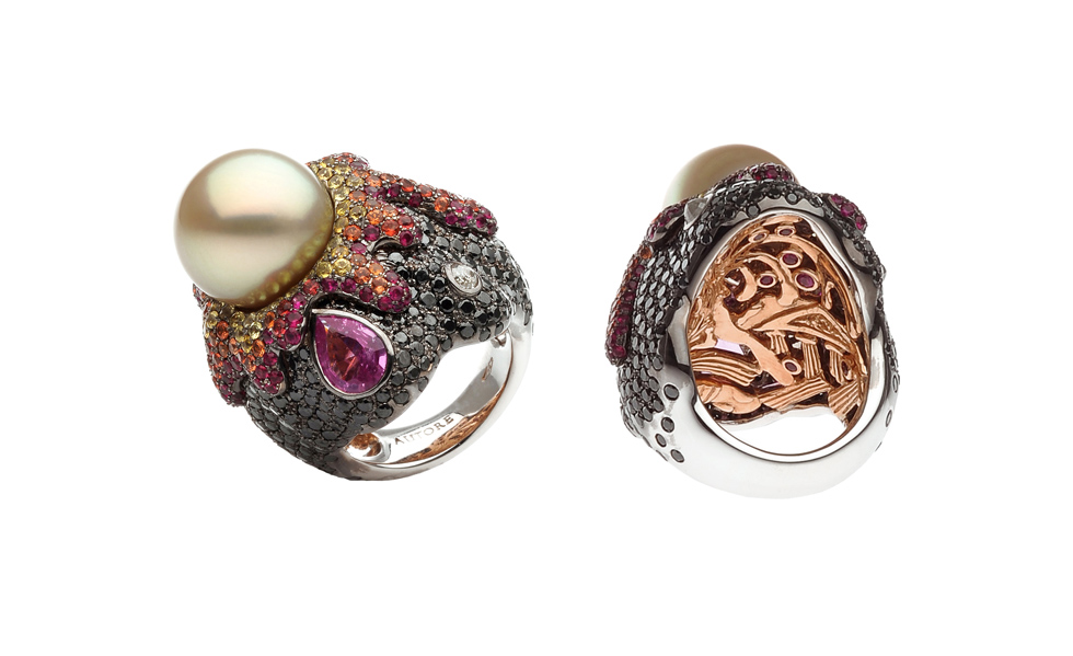 Autore-Fire-Ice-Vesuvio-Ring-in-white-and-rose-gold-with-South-Sea-pearl-rubie-pink-orange-and-yellow-sapphires-black-and-white-diamonds